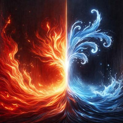 The primary subject of the image is a painting featuring a fire and water element. The fire is depicted as a red flame, while the water is represented by a blue swirl. The setting is a dark background, which contrasts with the bright colors of the fire and water. The visual style is a digital art or illustration, creating a dynamic and captivating scene. The dominant colors are red and blue, which evoke a sense of intensity and contrast.